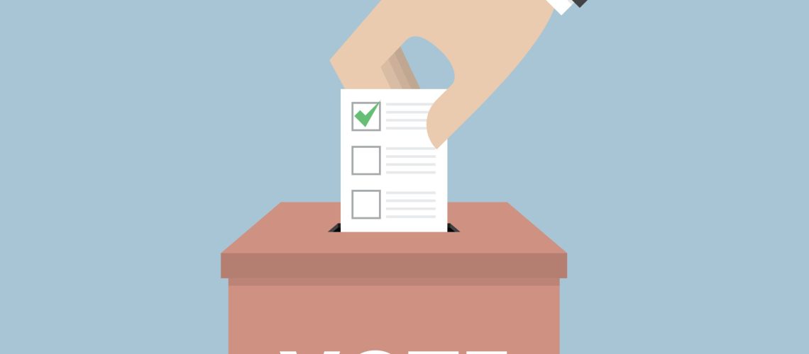Businessman hand putting voting paper in the ballot box, Voting concept, VECTOR, EPS10